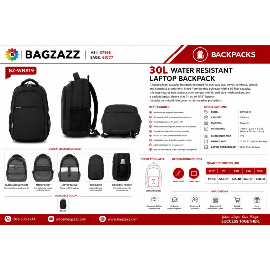 30L Water Resistant Laptop Backpack